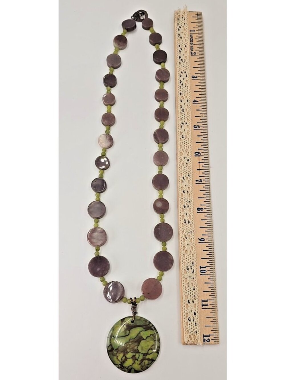 Artisan Natural Stone Statement Necklace Purple Green Beaded Pendant Boho Earthy - Picture 11 of 11